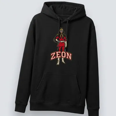 Bold Char Aznable graphic with ZEON text in red, gold, and black — printed on a unisex hoodie