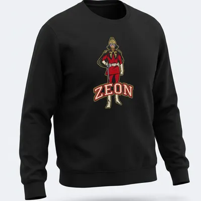 Bold Char Aznable graphic with ZEON text in red, gold, and black — printed on a unisex sweatshirt