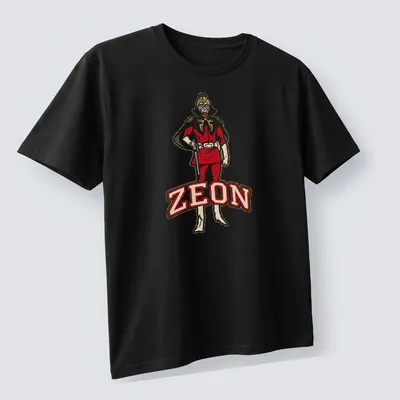 Bold Char Aznable graphic with ZEON text in red, gold, and black — printed on a unisex t-shirt (angled view)