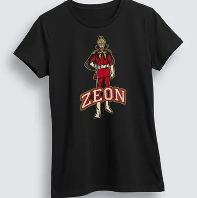 Bold Char Aznable graphic with ZEON text in red, gold, and black — printed on a women's shirt