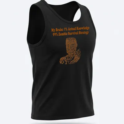 Bold typography t-shirt featuring humorous zombie survival strategy text — printed on a tank top