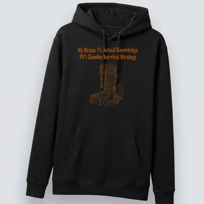 Bold typography t-shirt featuring humorous zombie survival strategy text — printed on a unisex hoodie