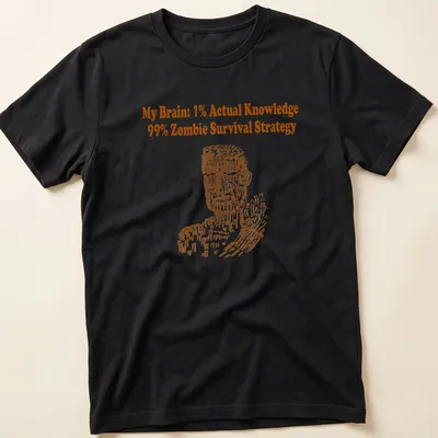 Bold typography t-shirt featuring humorous zombie survival strategy text