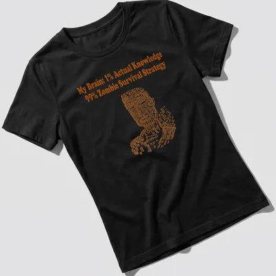 Bold typography t-shirt featuring humorous zombie survival strategy text — printed on a women's shirt